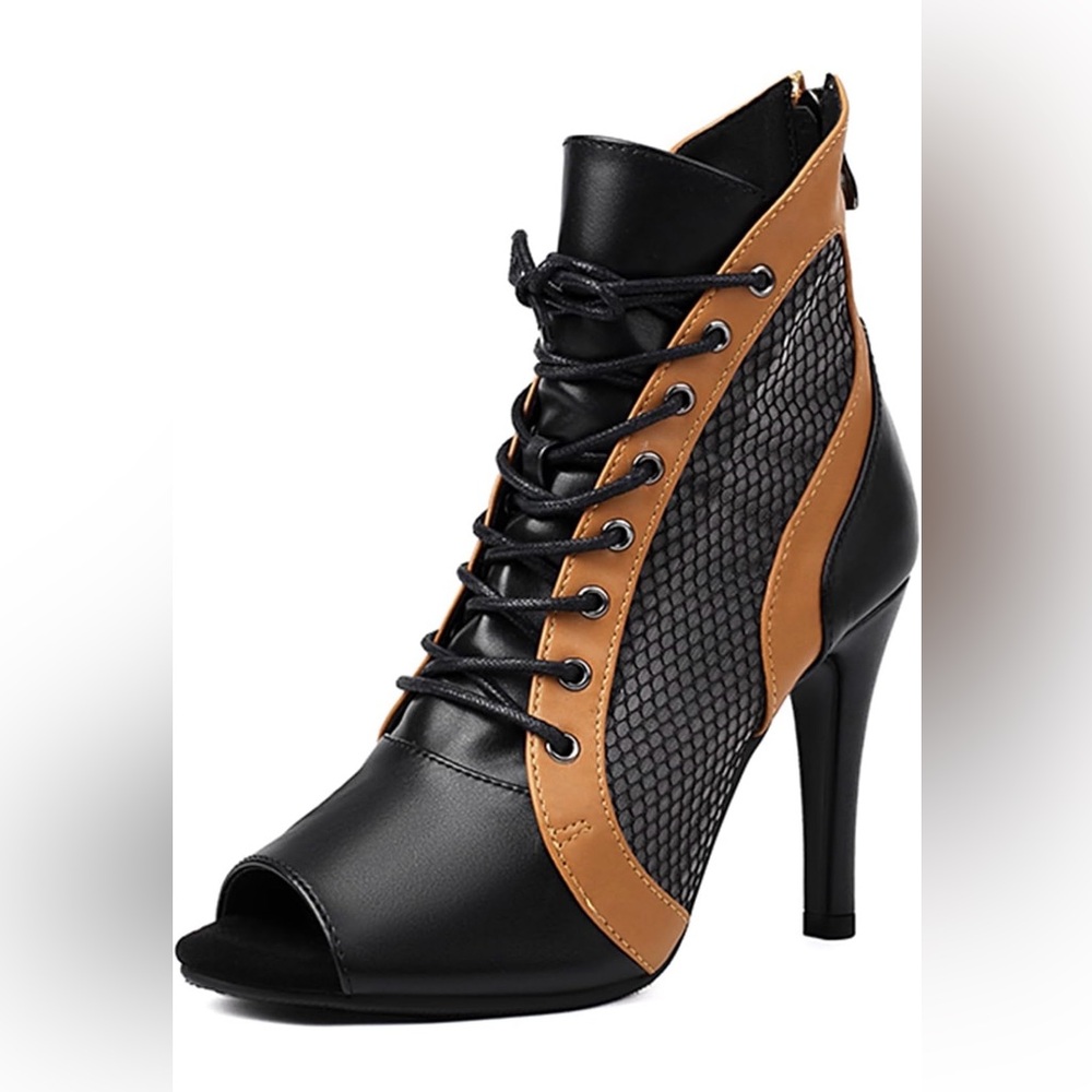 NWT black tan heels peep toe lightweight ankle booties Latin salsa dance sz 6